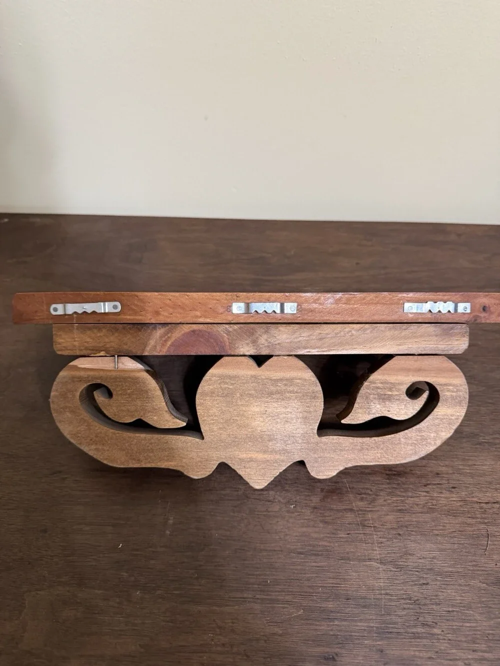 Vintage Handcrafted Wooden Wall Shelf with Heart and Scroll Carved Bracket